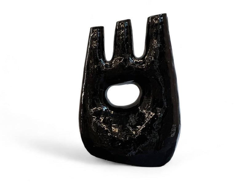 Handcrafted Moroccan Tamegroute Abstract Black Picasso Sculpture Triple Candlestick Holder