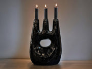 Handcrafted Moroccan Tamegroute Abstract Black Picasso Sculpture Triple Candlestick Holder