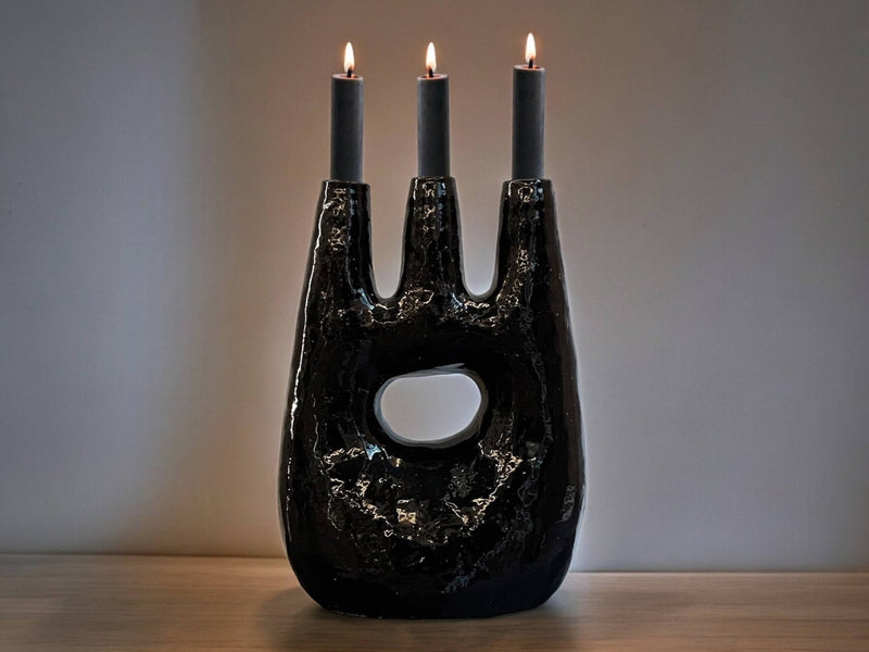 Handcrafted Moroccan Tamegroute Abstract Black Picasso Sculpture Triple Candlestick Holder