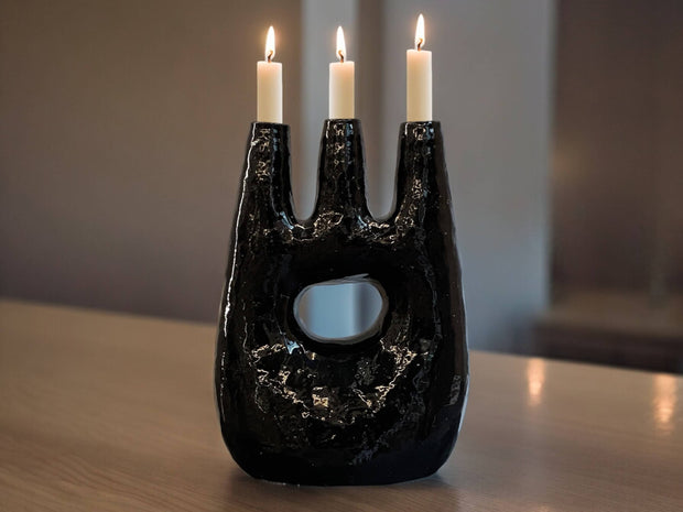 Handcrafted Moroccan Tamegroute Abstract Black Picasso Sculpture Triple Candlestick Holder