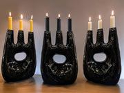 Handcrafted Moroccan Tamegroute Abstract Black Picasso Sculpture Triple Candlestick Holder