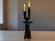 Handmade Moroccan Tamegroute  Cactus Twin Candlestick Holder - Vintage Black Glaze