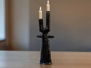 Handmade Moroccan Tamegroute  Cactus Twin Candlestick Holder - Vintage Black Glaze
