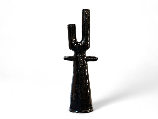 Handmade Moroccan Tamegroute  Cactus Twin Candlestick Holder - Vintage Black Glaze