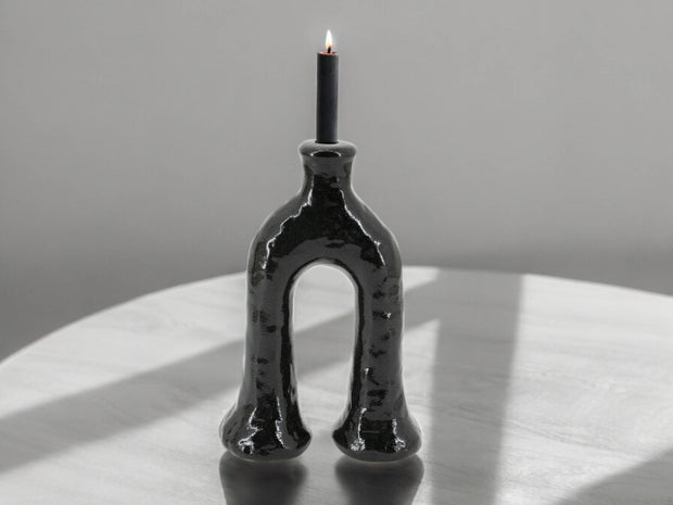 Handcrafted Moroccan  Tamegroute Black Abstract Elephant's Foot Candlestick Sculpture