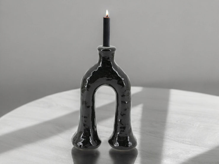 Handcrafted Moroccan  Tamegroute Black Abstract Elephant's Foot Candlestick Sculpture