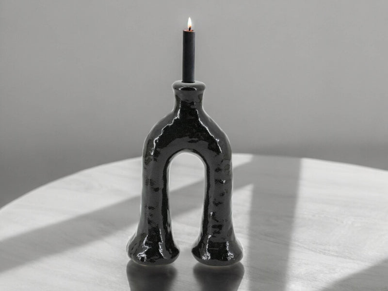 Handcrafted Moroccan  Tamegroute Black Abstract Elephant's Foot Candlestick Sculpture