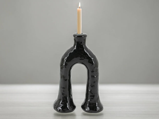 Handcrafted Moroccan  Tamegroute Black Abstract Elephant's Foot Candlestick Sculpture