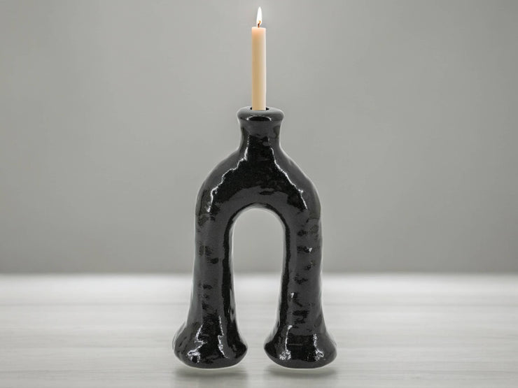 Handcrafted Moroccan  Tamegroute Black Abstract Elephant's Foot Candlestick Sculpture