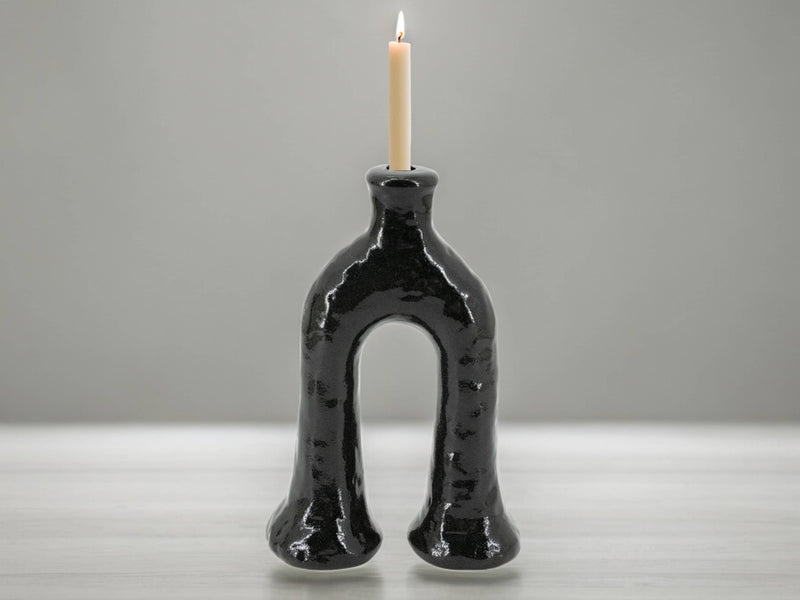 Handcrafted Moroccan  Tamegroute Black Abstract Elephant's Foot Candlestick Sculpture