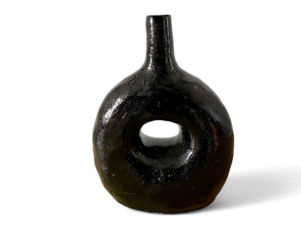 Handcrafted Moroccan  Tamegroute Black Picasso Round Bottle Neck Candlestick Holder