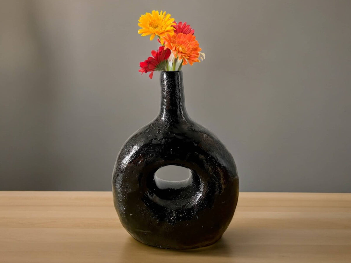 Handcrafted Moroccan  Tamegroute Black Picasso Round Bottle Neck Candlestick Holder