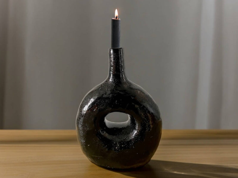Handcrafted Moroccan  Tamegroute Black Picasso Round Bottle Neck Candlestick Holder