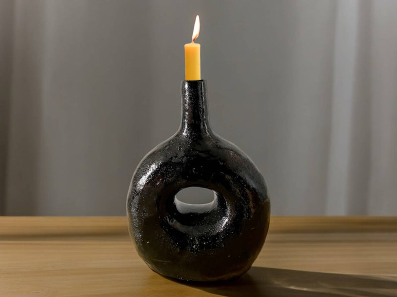 Handcrafted Moroccan  Tamegroute Black Picasso Round Bottle Neck Candlestick Holder