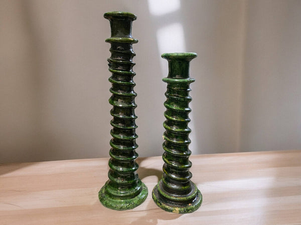 Handcrafted Moroccan Green Tamegroute Large Abstract Twist Sculpture Candlestick Holder
