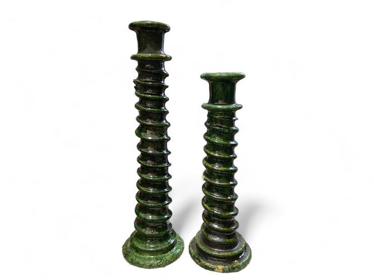 Handcrafted Moroccan Green Tamegroute Large Abstract Twist Sculpture Candlestick Holder