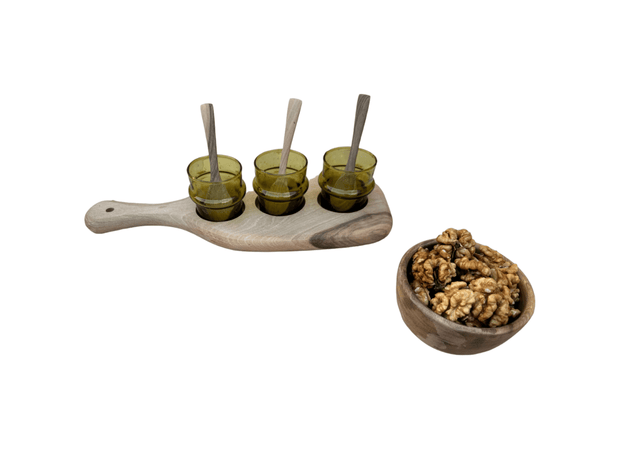 Heartwarming Walnut Wood Serving Set: Includes 3 Handmade Blown Moroccan Glasses, 3 Wooden Spoons, and 1 Nuts Bowl for Elegant Hospitality.