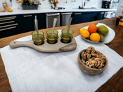 Heartwarming Walnut Wood Serving Set: Includes 3 Handmade Blown Moroccan Glasses, 3 Wooden Spoons, and 1 Nuts Bowl for Elegant Hospitality.