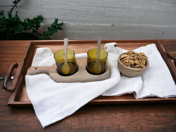 Elevate your dining experience with the Walnut Wood Serving Set, featuring handcrafted recycled glassware and a complementary walnut bowl. Experience the perfect blend of style and sustainability for your table.