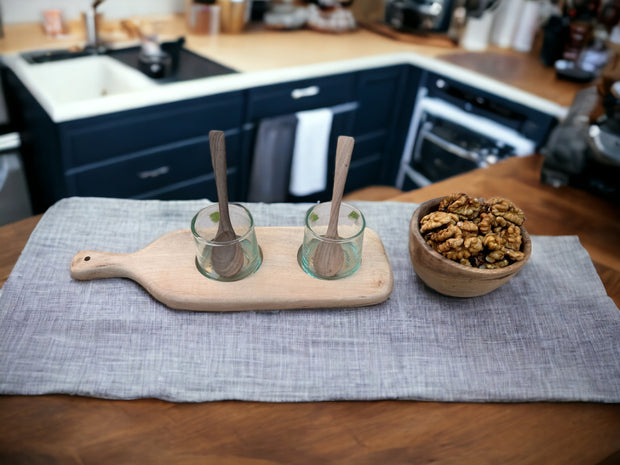 Heartwarming Walnut Wood Serving Set: Includes 2 Handmade Blown Moroccan Glasses, 2 Walnut Wood Spoons, and 1 Nuts Bowl - An Authentic and Thoughtful Serving Ensemble.