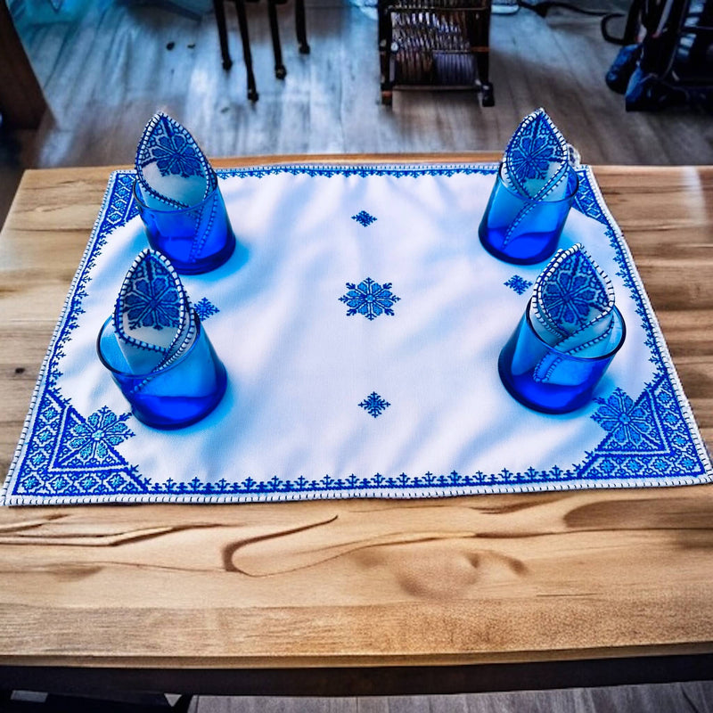 Blue Turquoise Morocccan Hand Embroidered Tray cloth - A Feast for the Eyes