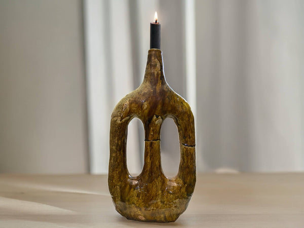 Handcrafted Moroccan Ochre Glazed Tamegroute Picasso Candlestick Sculpture