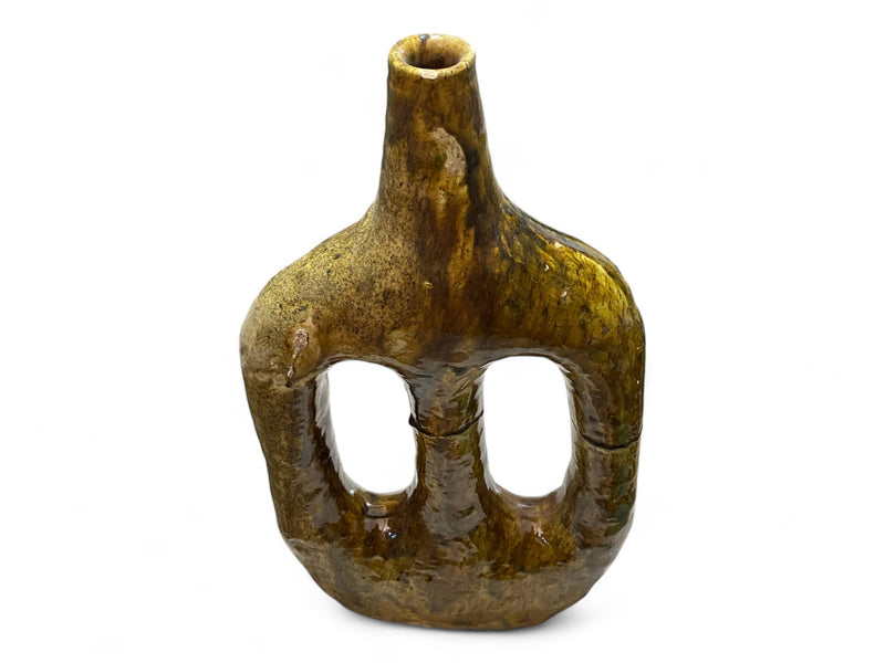 Handcrafted Moroccan Ochre Glazed Tamegroute Picasso Candlestick Sculpture