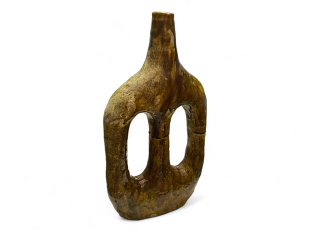 Handcrafted Moroccan Ochre Glazed Tamegroute Picasso Candlestick Sculpture