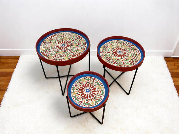 Multicolor Hand-Painted Arabesque Folding Side Table with Black & Gold Metal Base