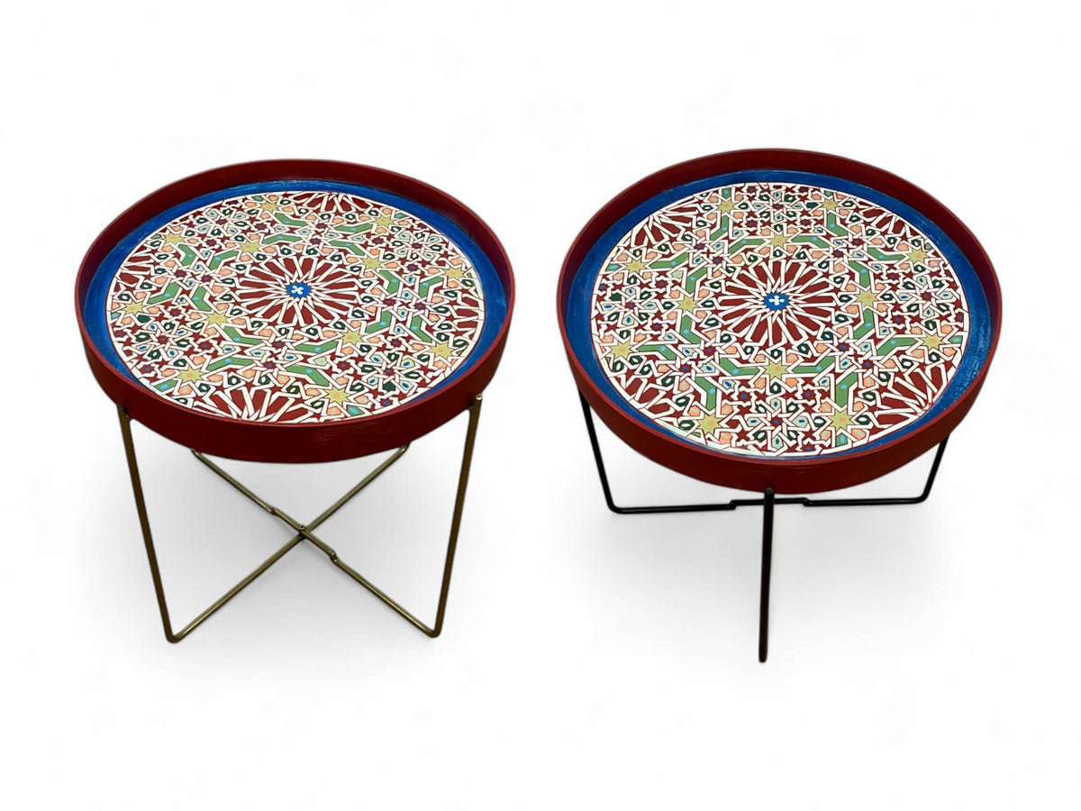Multicolor Hand-Painted Arabesque Folding Side Table with Black & Gold Metal Base