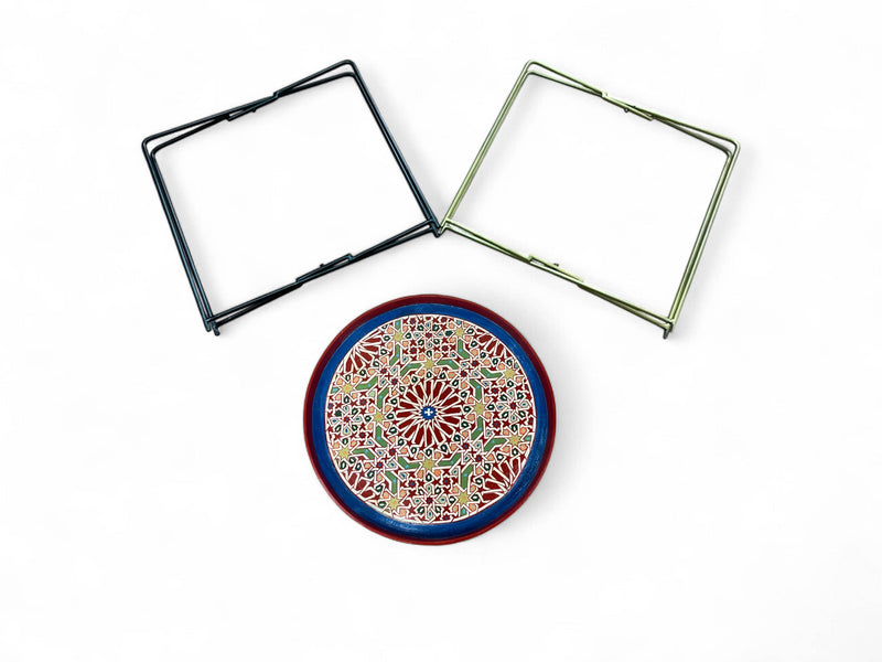 Multicolor Hand-Painted Arabesque Folding Side Table with Black & Gold Metal Base