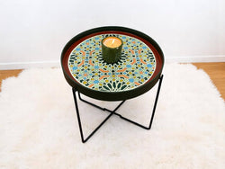 Multicolor Hand-Painted Arabesque Folding Side Table with Black & Gold Metal Base