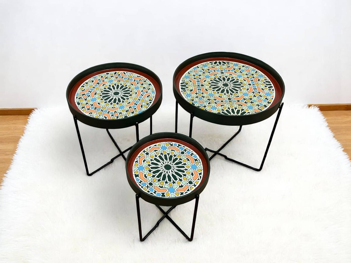 Multicolor Hand-Painted Arabesque Folding Side Table with Black & Gold Metal Base