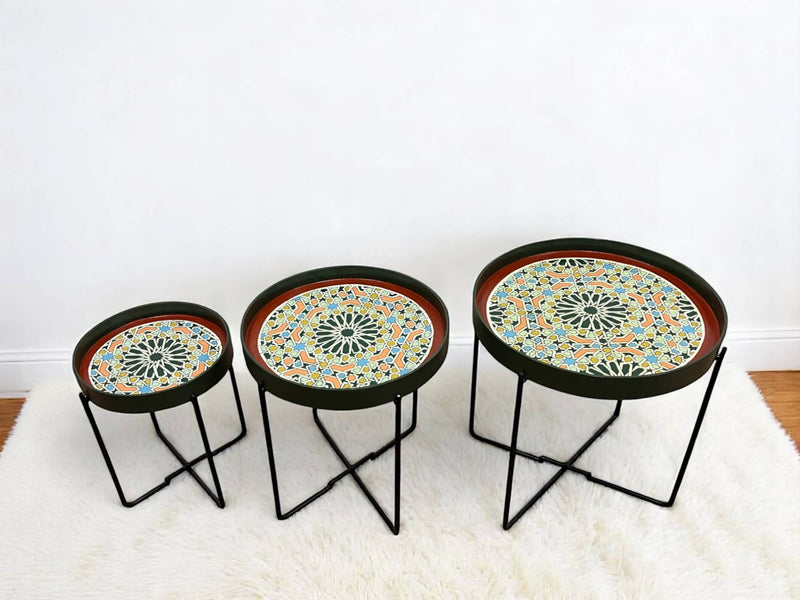 Multicolor Hand-Painted Arabesque Folding Side Table with Black & Gold Metal Base
