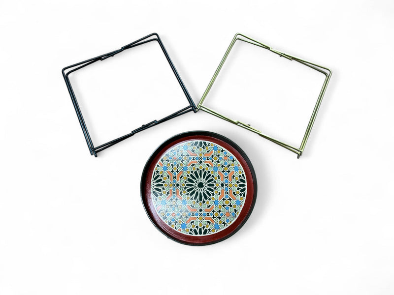 Multicolor Hand-Painted Arabesque Folding Side Table with Black & Gold Metal Base