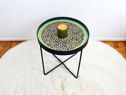 Earth-Tone Hand-Painted Arabesque Folding Side Table with Black & Gold Metal Base – Moroccan Artisan Accent Table