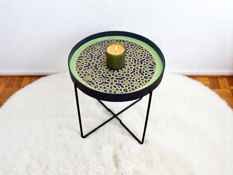 Earth-Tone Hand-Painted Arabesque Folding Side Table with Black & Gold Metal Base – Moroccan Artisan Accent Table
