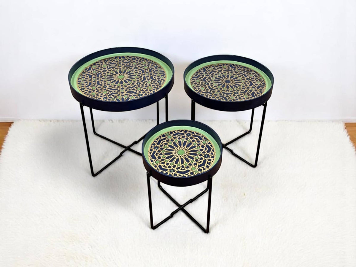Earth-Tone Hand-Painted Arabesque Folding Side Table with Black & Gold Metal Base – Moroccan Artisan Accent Table