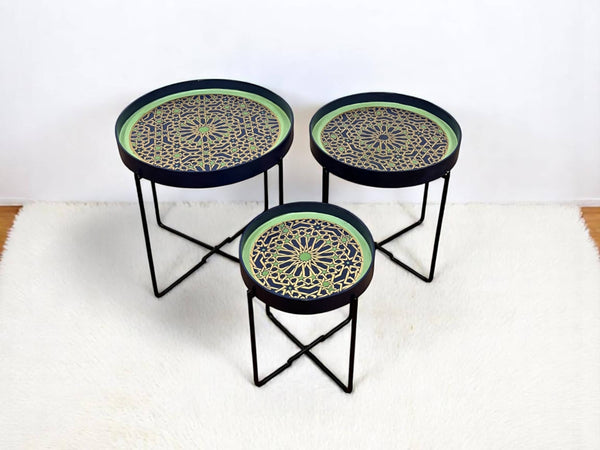 Earth-Tone Hand-Painted Arabesque Folding Side Table with Black & Gold Metal Base – Moroccan Artisan Accent Table
