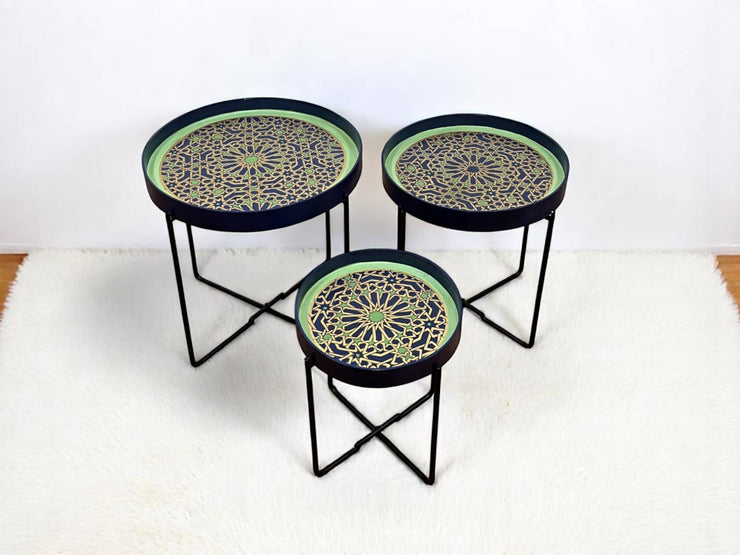 Earth-Tone Hand-Painted Arabesque Folding Side Table with Black & Gold Metal Base – Moroccan Artisan Accent Table