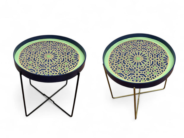 Earth-Tone Hand-Painted Arabesque Folding Side Table with Black & Gold Metal Base – Moroccan Artisan Accent Table
