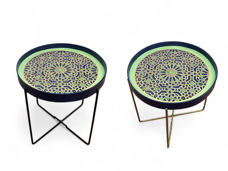 Earth-Tone Hand-Painted Arabesque Folding Side Table with Black & Gold Metal Base – Moroccan Artisan Accent Table