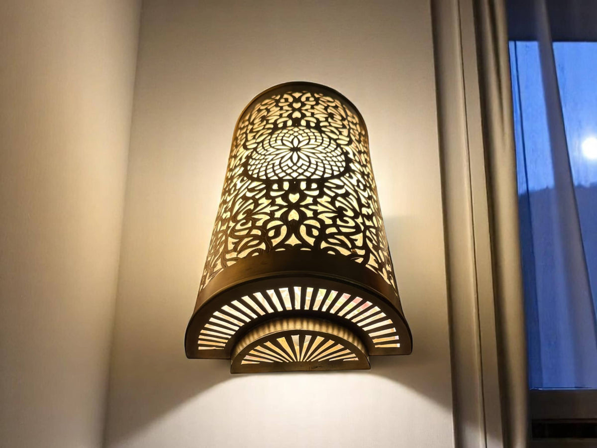 Set of 2 Moroccan Brass Wall Sconces – Handmade Boho Wall Lights for Bedroom, Hallway, or Living Room Decor