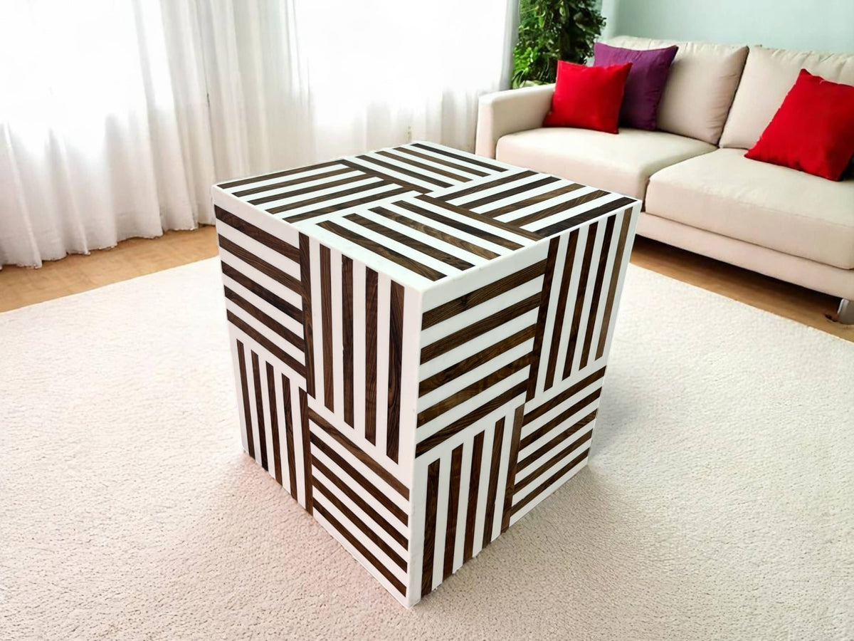 Square Walnut Wood and White Resin Side Table