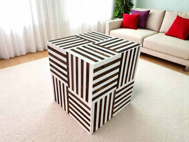 Square Walnut Wood and White Resin Side Table