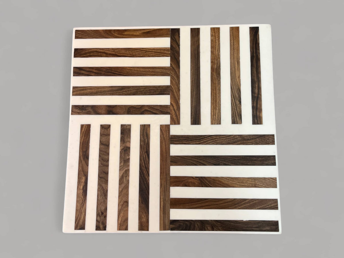 Square Walnut Wood and White Resin Side Table