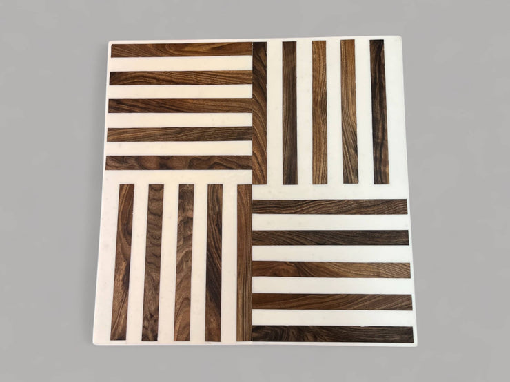 Square Walnut Wood and White Resin Side Table