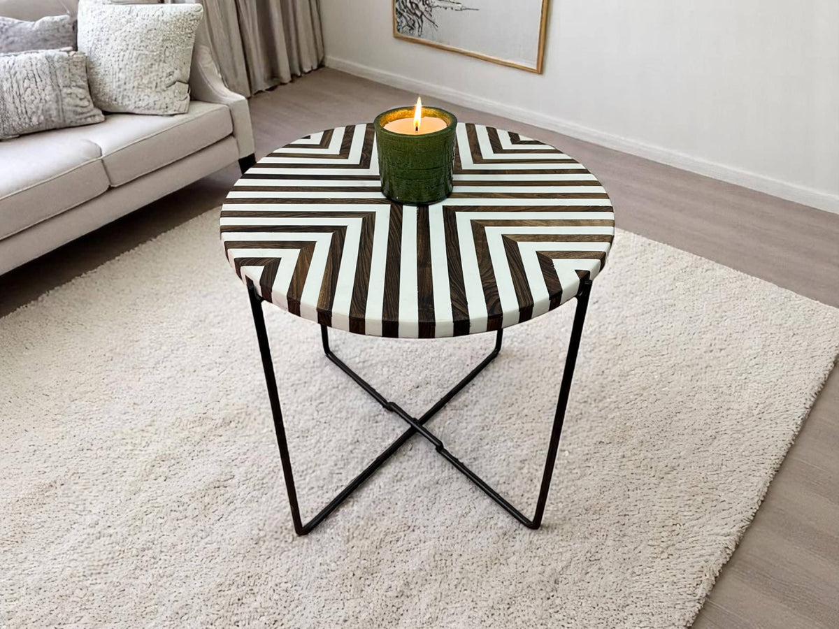 Walnut Wood and White Resin Round Side Table with Black & Gold Folding Iron Base