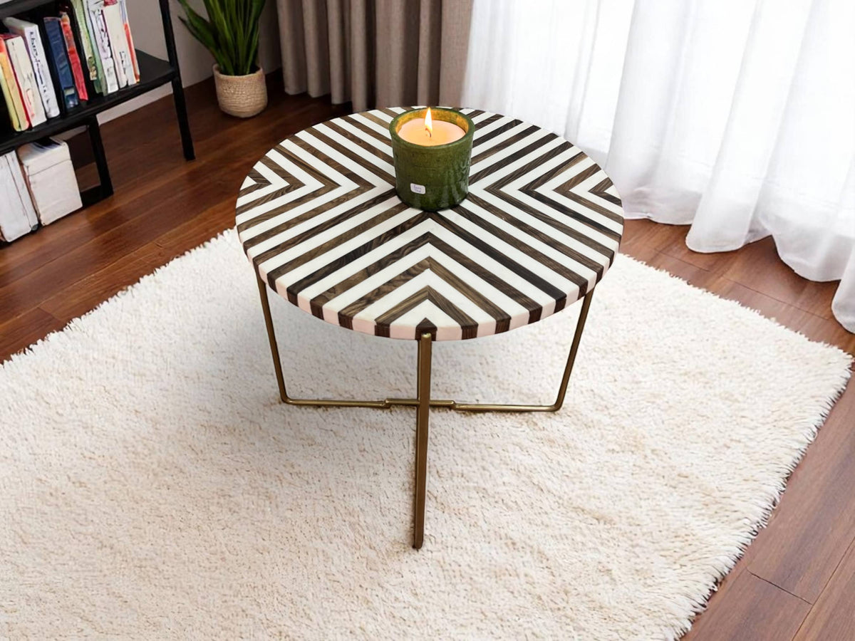 Walnut Wood and White Resin Round Side Table with Black & Gold Folding Iron Base