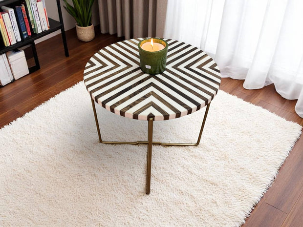 Walnut Wood and White Resin Round Side Table with Black & Gold Folding Iron Base